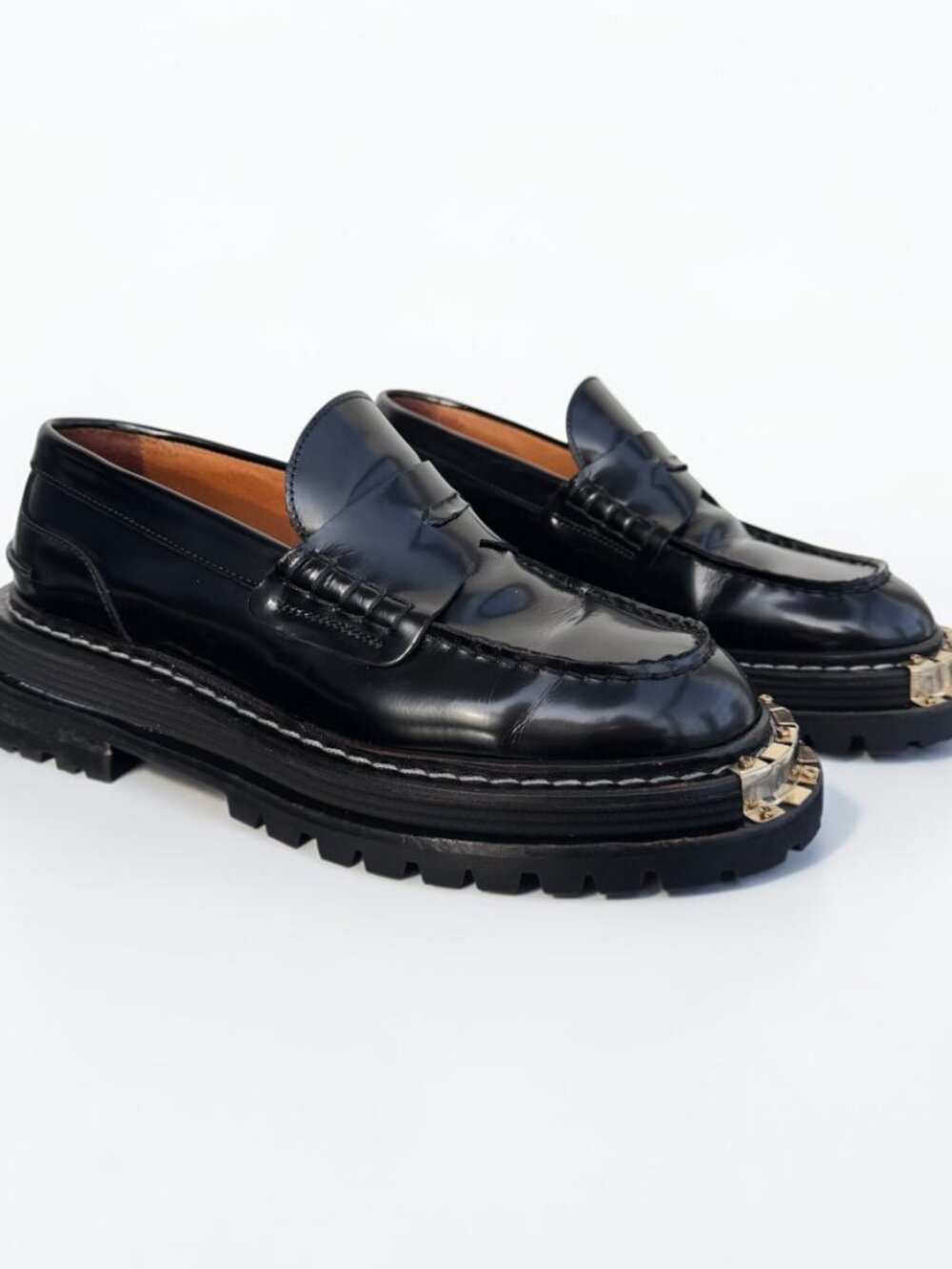 Sandro Black Leather Platform Loafers EU 37 Gold Metal Toe Lug Sole